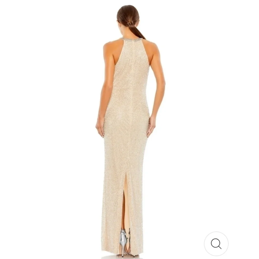 Mac Duggal BEADED SLEEVELESS HIGH NECK COLUMN GOWN size 10  Nude Silver - Picture 3 of 15